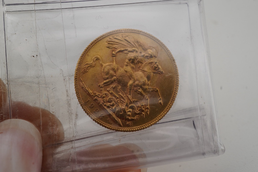 Two gold Sovereign coins, one Edward VII, dated 1908, the other George V, dated 1928